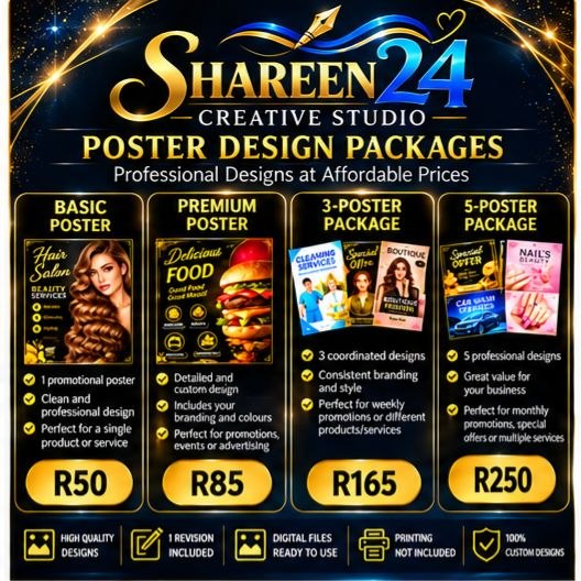 Shareen24 poster design packages: Basic R50, Premium R85, 3-Poster R165, 5-Poster R250