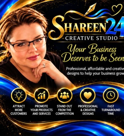 Shareen, founder of Shareen24 Creative Studio, with the tagline Your Business Deserves to be Seen